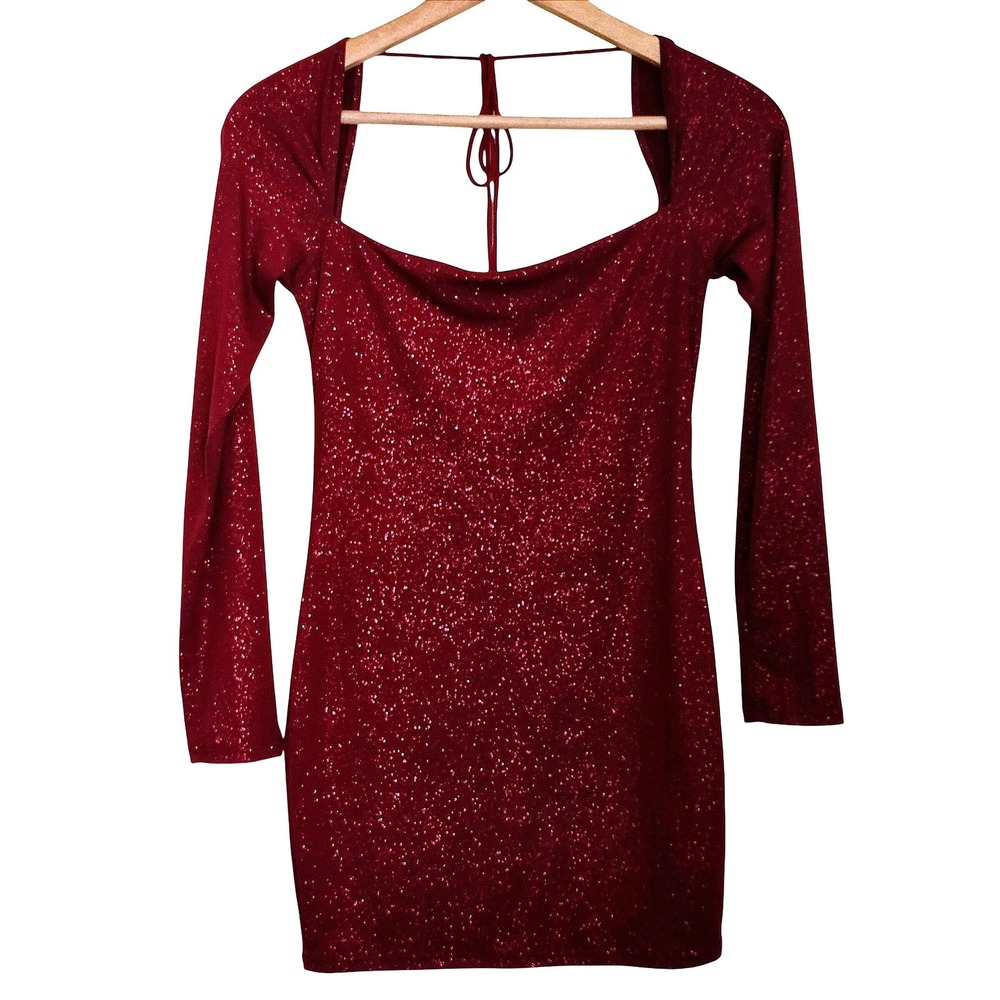 Lucy in the Sky Mini Dress Womens Medium Burgundy Glitter Long Sleeve Bodycon